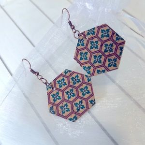 Handmade Portuguese cork leather earrings. Teal and reddish tile-like print.